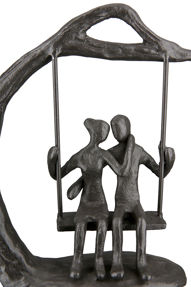 Eisen Design Skulptur LOVERS brüniert, Paar auf Schaukel am Baum mit Spruchanhänger Geschenkidee für Romantiker