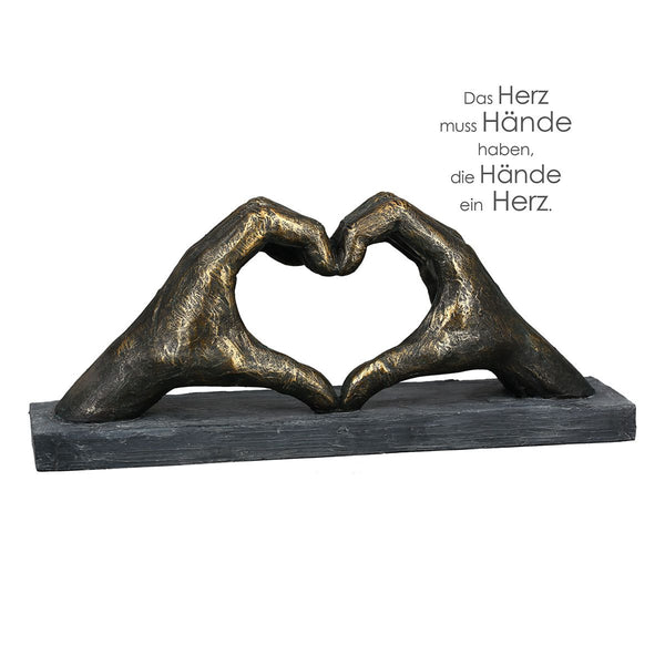 Handmade heart-of-hands sculpture - bronze-colored hand art with saying pendant, ideal gift for couples, 15x36x10cm