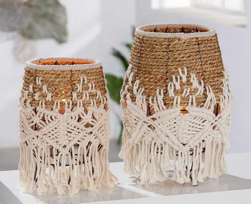Set of 2 deco lanterns "Bossa" on foot with macrame mesh and glass insert 16cm in diameter