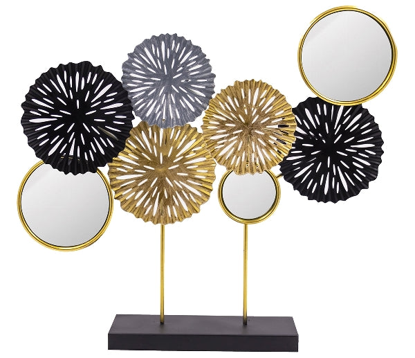 Stunning Metal Table Centerpiece with Mirror - Gold &amp; Black, Floral Motifs, 40x43cm, Perfect for Living Areas