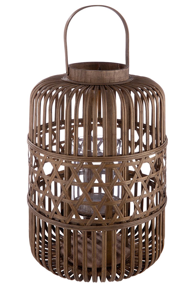 Bamboo lantern "Bohemian" natural with handle and glass insert, height 42 cm, diameter 27 cm
