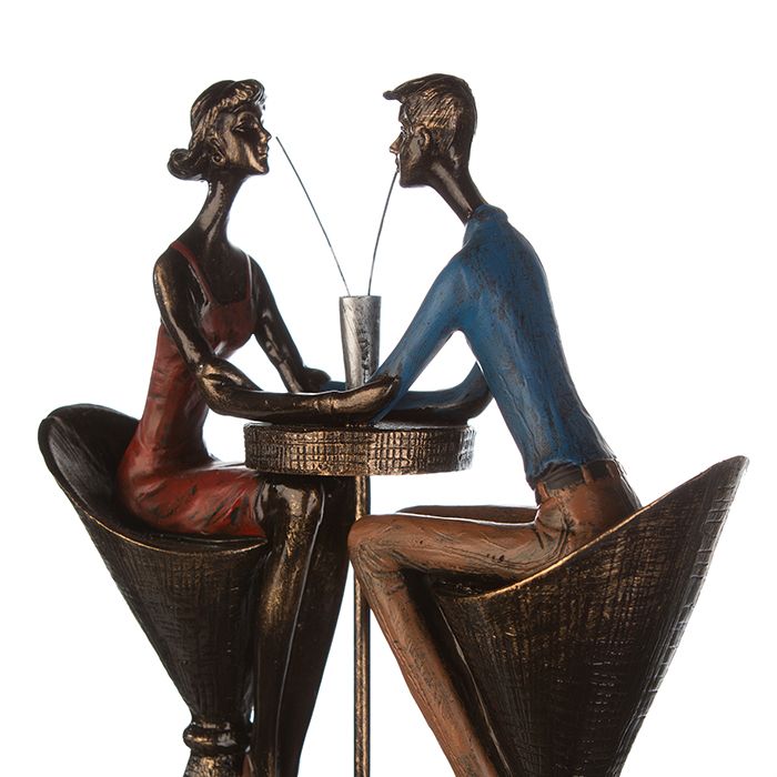 Decorative sculpture figures "MY LIFE" Love couple at the table bronze-colored clothing colorful on a base in wood look brown with saying pendant