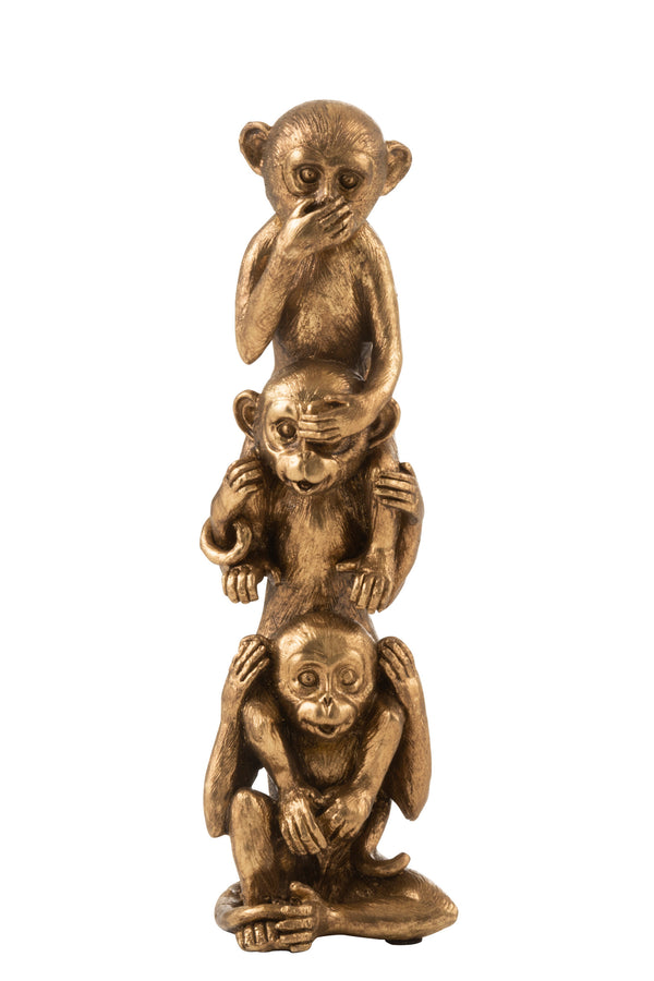 3 aapjes in antiek goud, hoor, zie, zeg niets, 32cm hoog