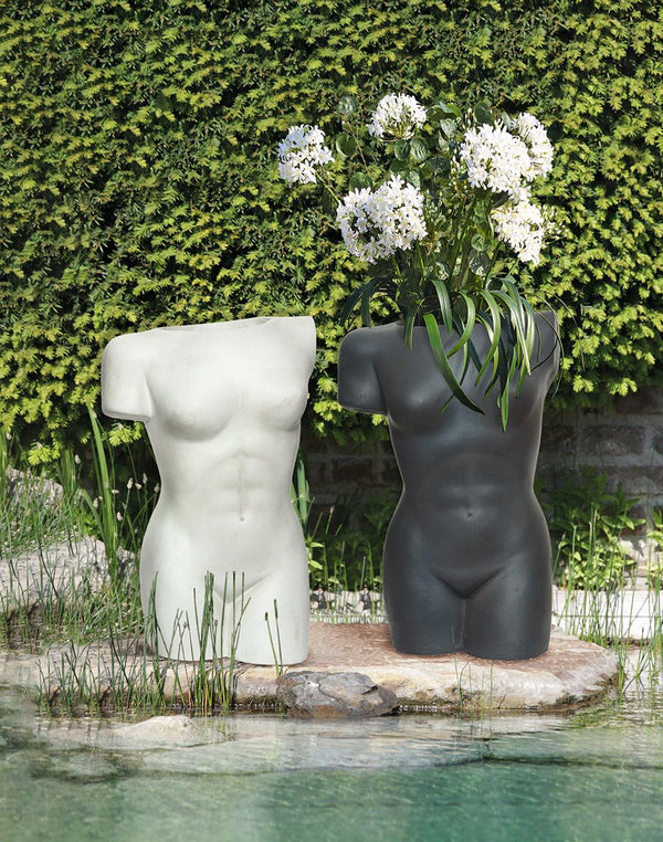Set van 2 glasvezel plantenbakken torso vrouwelijk lichaam zwart wit hoogte 60cm geschikt voor buitengebruik
