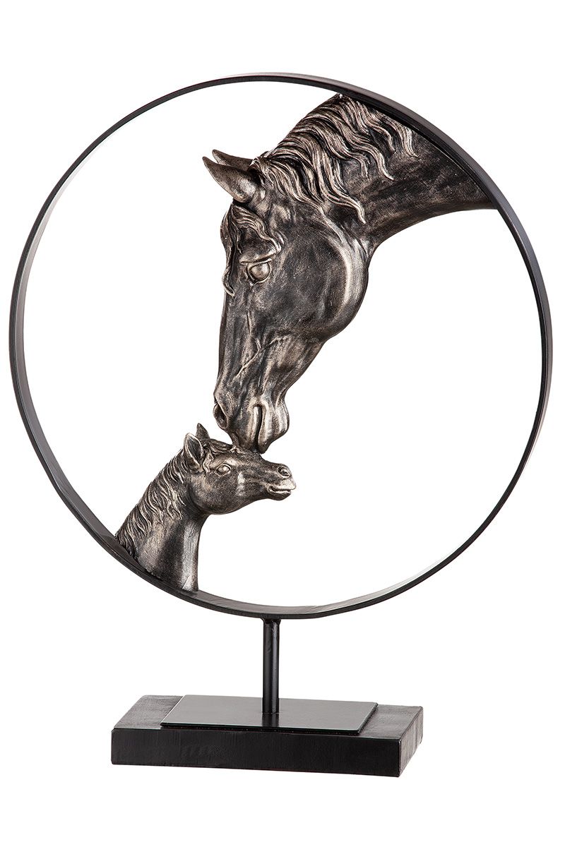 Sculptuur paard moeder koperkleurig in zwart metalen ring