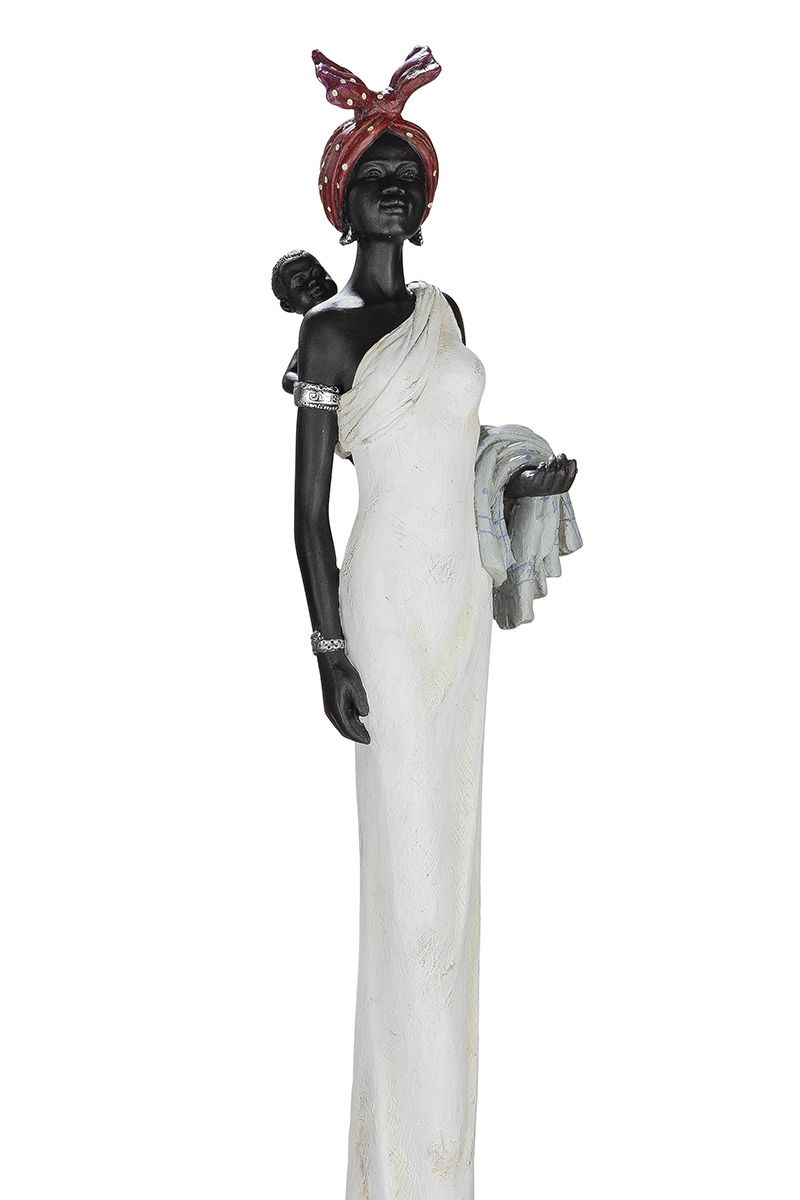 XXL polyfiguur Afrikaanse vrouw Tortuga wit/creme/donkerbruin met kind en doek hoogte 104cm
