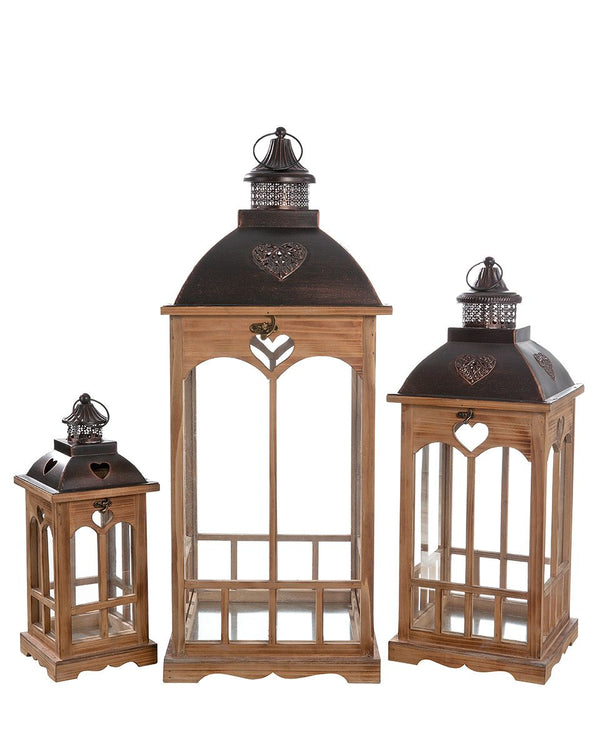 3 parts Wooden lantern "Coracao" series 3 brown with hearts