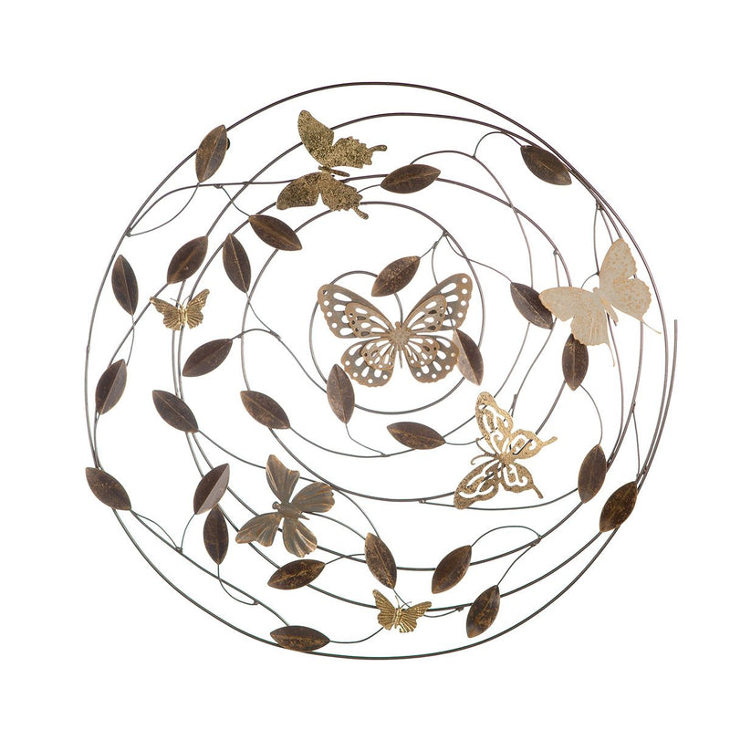 3D metalen wandreliëf Farfalle 70cm grijs/lichtbruin/goudkleurig met vlinders en bladeren