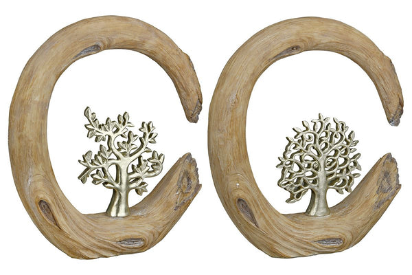 Set van 2 sculpturen boom naturel in houtlook levensboom zilverkleur