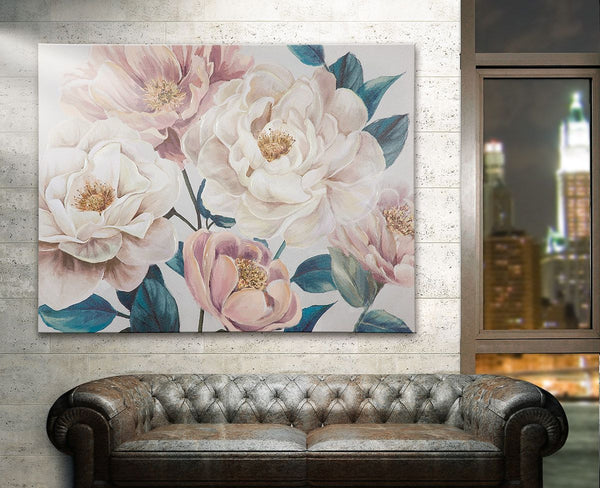 Picture peony arrangement cream pink green hand-painted on canvas width 100cm