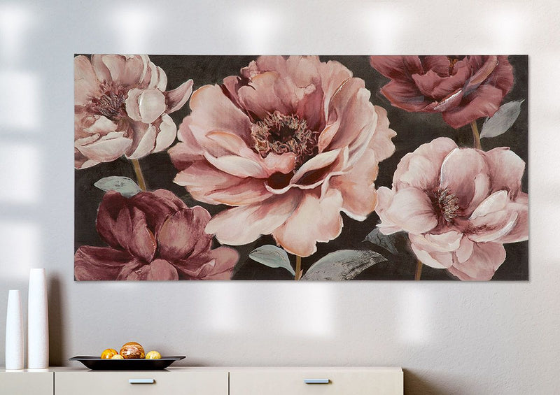 Foto pioenrozen kwintet roze/bordeaux/groen op canvas 120cm