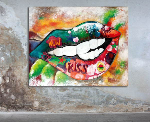 Metalen foto street art "Kiss" 100cm x 80cm kleurrijk handgemaakt