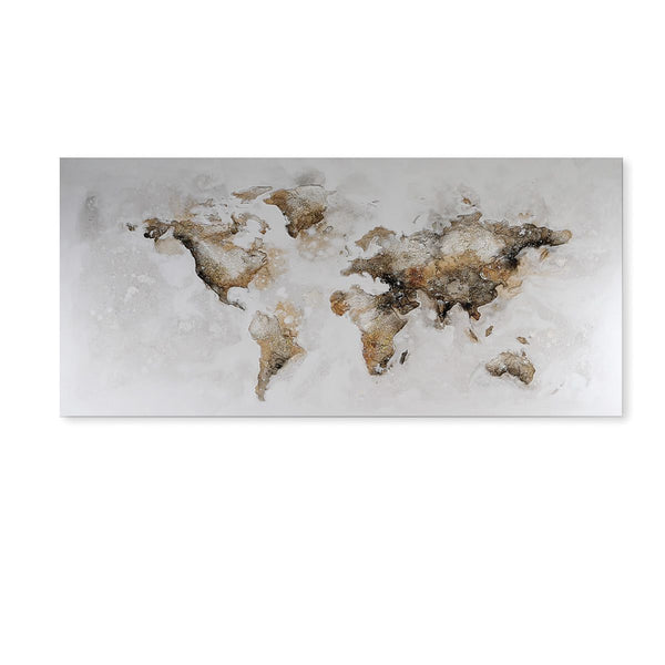 Picture world map brown/grey/white 150x70cm with silver glitter