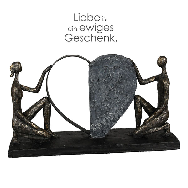 Sculpture My heart only beats for you, bronze-colored, loving couple, heart figure, width 38 cm, with a romantic saying