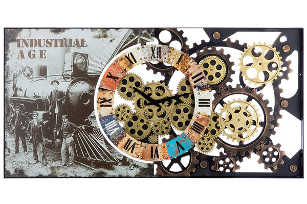 Vintage ontmoet industrie: De Gilde metalen wandklok met bewegende tandwielen en afbeelding van een trein