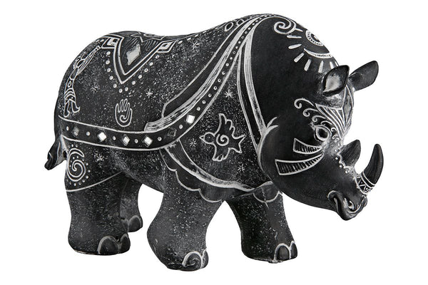 Set van 2 poly neushoorn Simbo zwart/grijs met witte symbolen en spiegelplaten hoogte 16cm