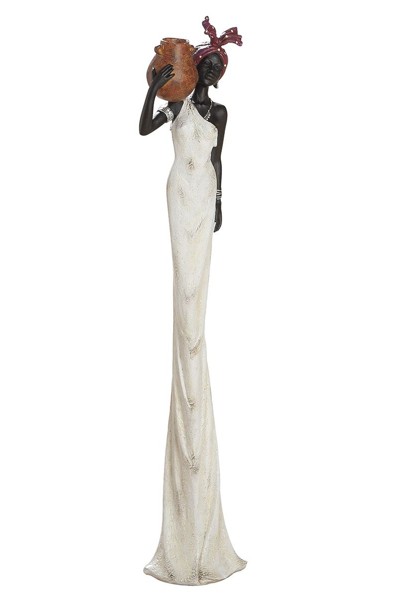 XL polyfiguur Afrikaanse vrouw Tortuga staand wit/creme/donkerbruin met kruik van klei hoogte 82cm