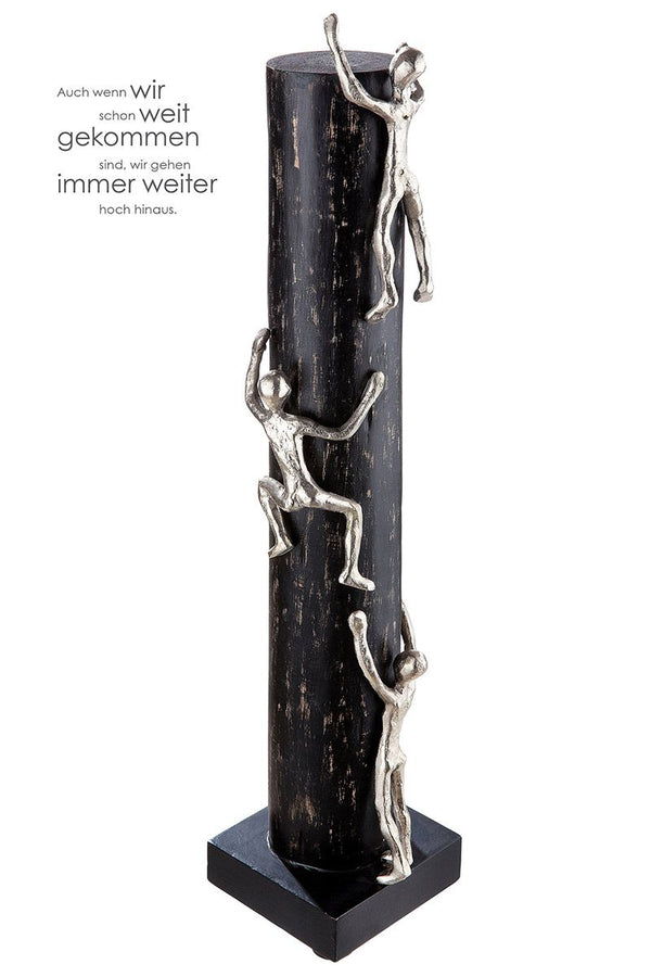 Wooden sculpture, black, high up, figures made of aluminum with a message card, height 55 cm