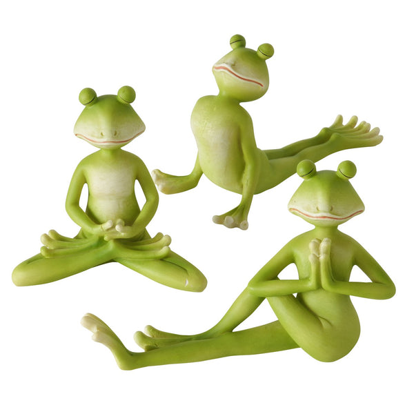 Set van 3 ontspannende kikkerbeeldjes in yogahoudingen - groene handgemaakte sculpturen van hars