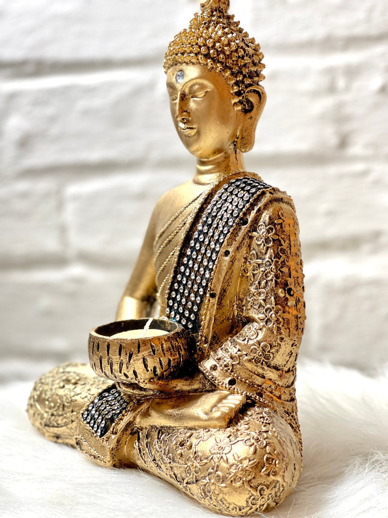 Boeddha theelichthouder figuur decoratie Boeddhisme 26,5cm in goud of zilver
