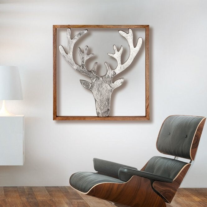 MF houten frame 60 cm XXL "hert" gemaakt van mangohout decoratie wanddecoratie 3D muurschildering moderne kunst boshut winter