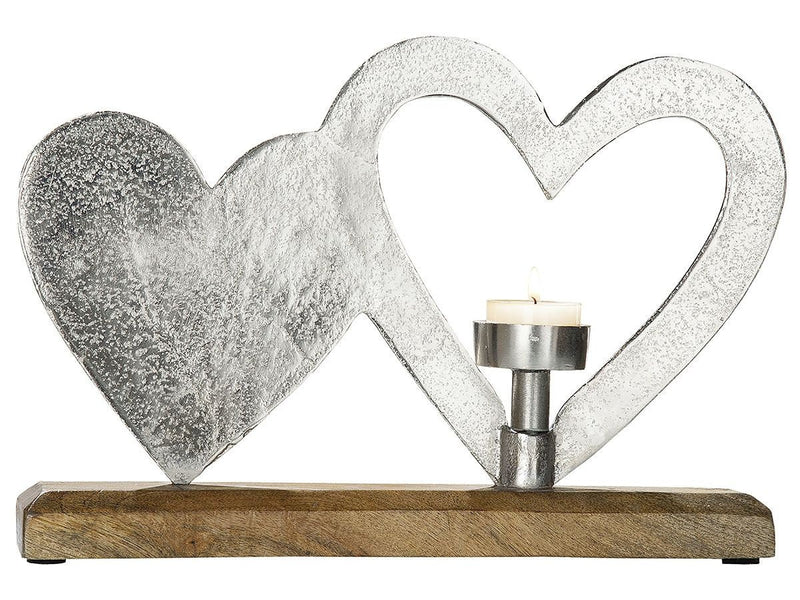 Elegante kandelaar dubbel hart op houten voet, artistiek vormgegeven