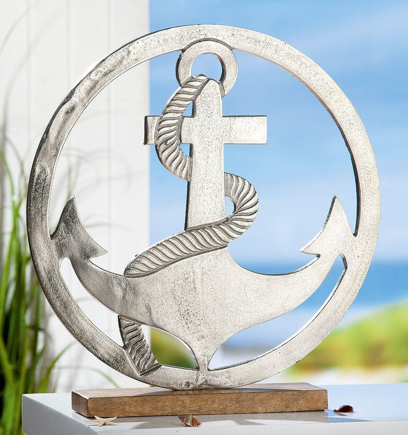 Maritime flair quality aluminum sculpture anchor in a circle on base made of mango wood