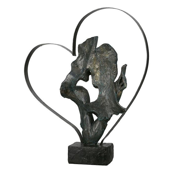 Essential – Elegant sculptuur van een koppel in een metalen hart, bronskleur met antieke afwerking, inclusief spreukhanger, 32x37cm