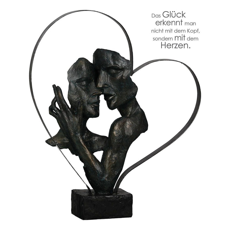 Essential – Elegant sculpture of a couple in a metal heart, bronze color with antique finish, including saying pendant, 32x37cm