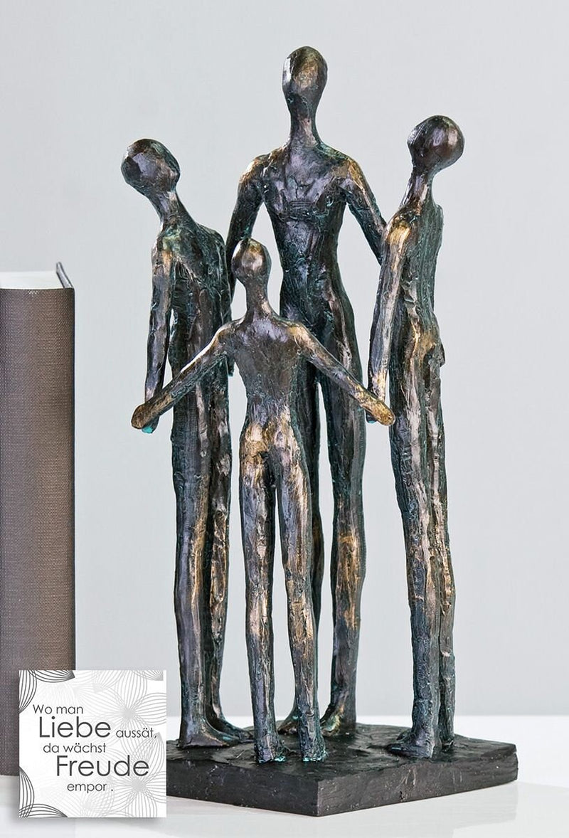 MY FAMILY" - Bronzefarbene Poly Skulptur mit 4 Figuren auf schwarzer Basis und Spruchanhänger - 30 x 12 x 12 cm