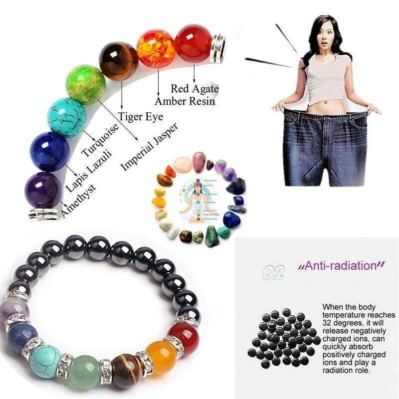 7 Chakra Yoga Bracelet Fashion Jewelry Magnet Beads Tiger Eye Amber Resin 8mm or 10mm beads