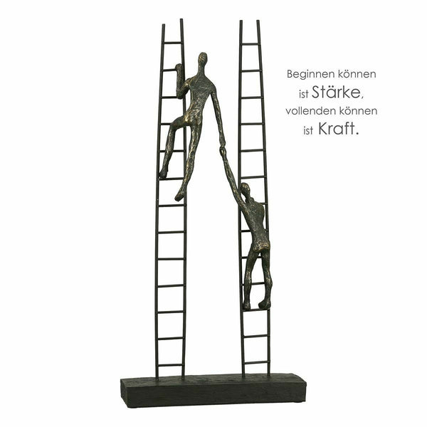 Sculpture 'Rise' - symbol of progress and success, bronze-colored figures on black metal ladder, 20.5x43 cm, including motivational saying pendant