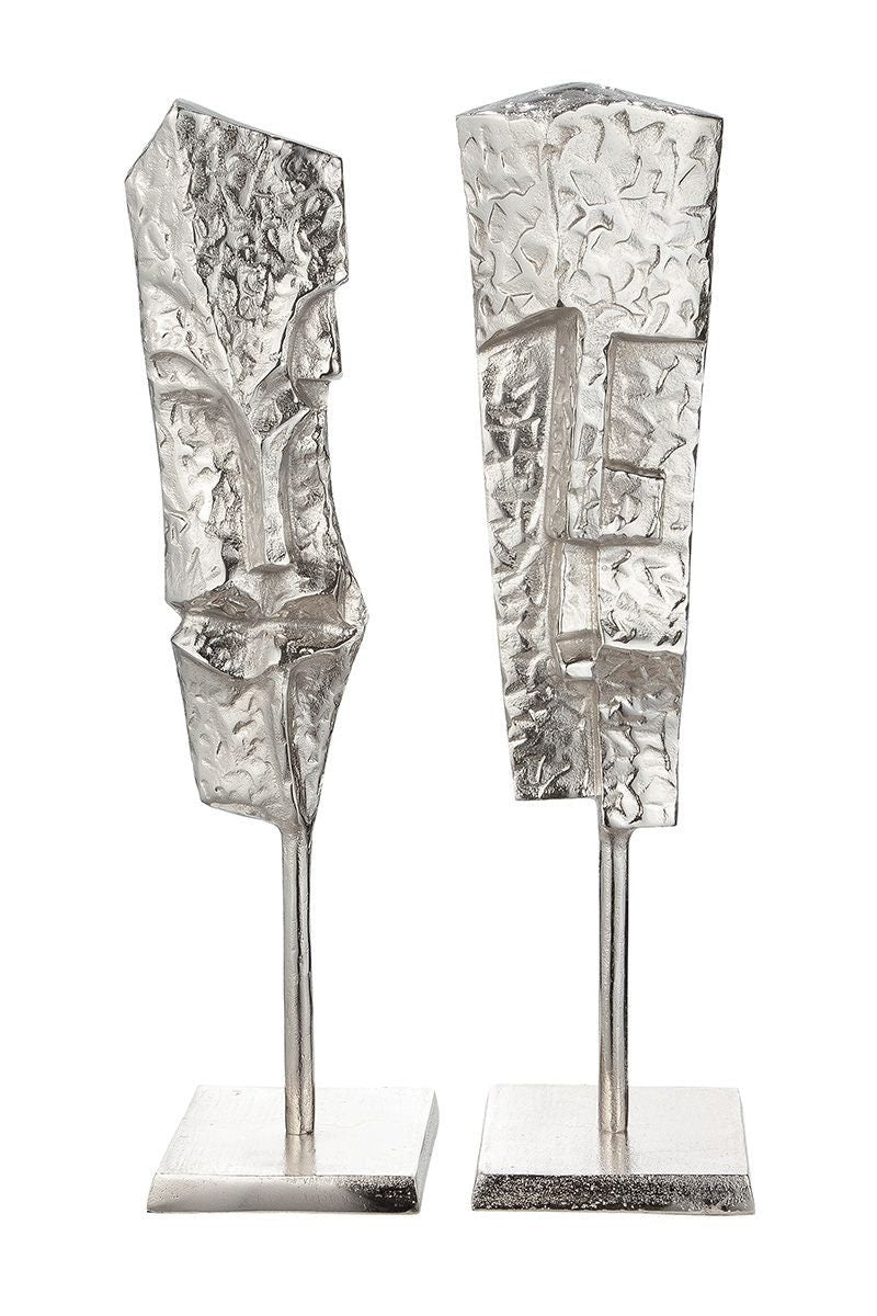 Handcrafted Aluminum Face Sculpture Set of 2, Shiny Silver Finish