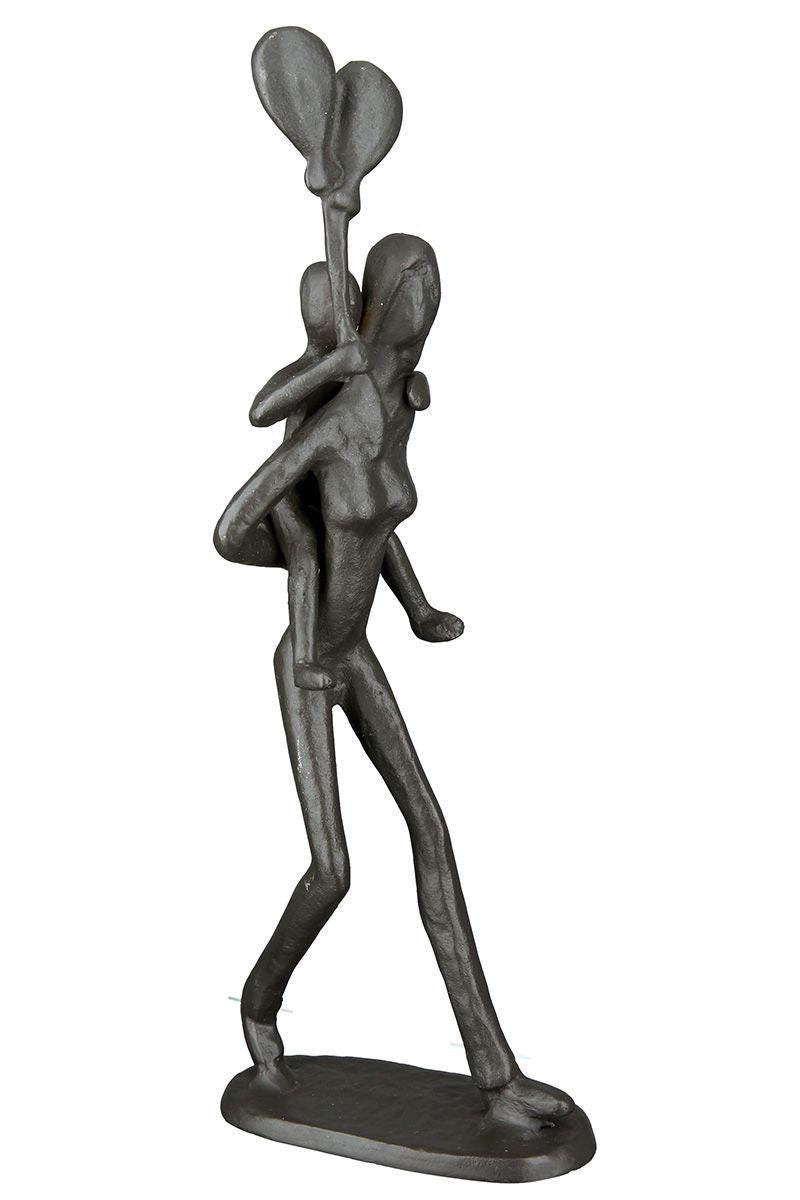 Exclusief design sculptuur Piggyback gemaakt van gepolijst ijzer Hoogte 23 cm Vrouw met kind en ballon Liefdesgeschenk familie