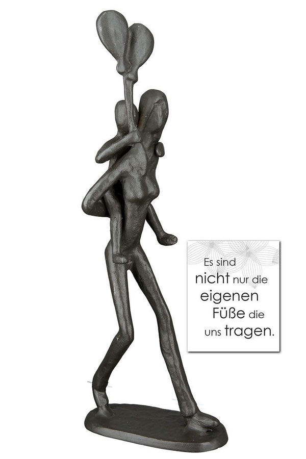 Exclusive design sculpture Piggyback made of burnished iron Height 23 cm Woman with child and balloon Love gift family