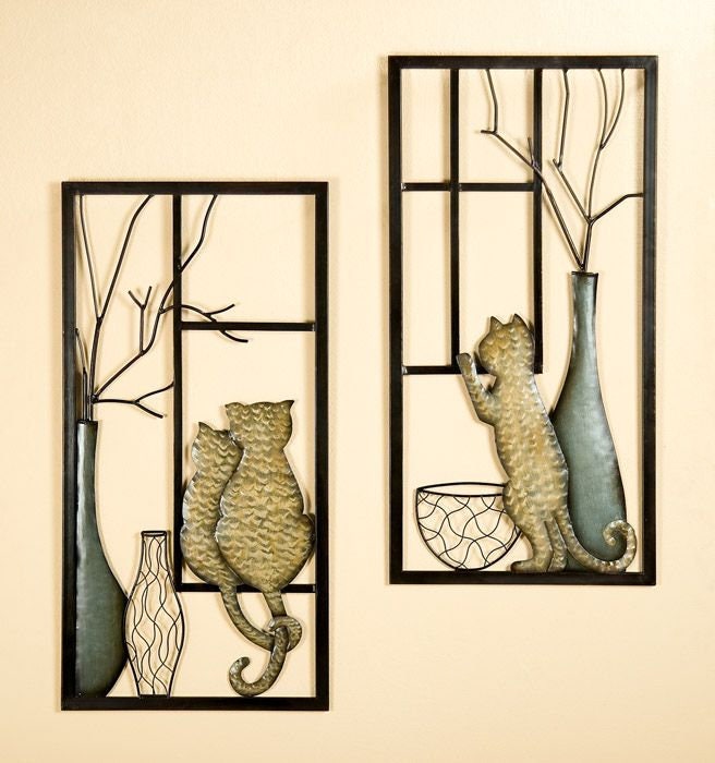 2 parts Wall picture set "Cat Vase" - handmade metal art from GILDE for a cozy home