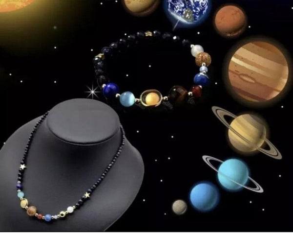Set van 2 Armband en Ketting Galaxy Alle Planeten Zonnestelsel Planeet Universum Astrologie Handgemaakt