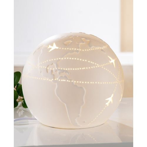 Porzellan Nachtisch Lampe Kugel Weltenbummler Flugzeug Airline Strecke Weltreise 16cm oder 23cm Handgefertigt