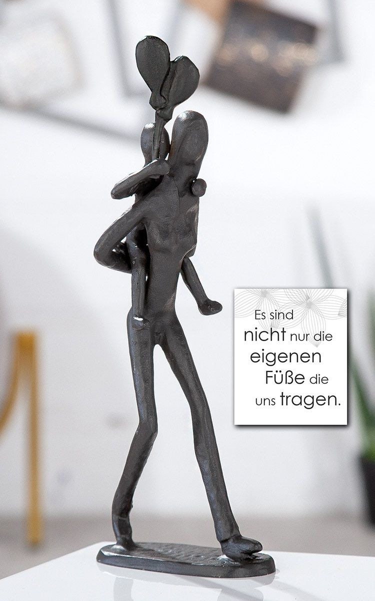 Exclusive design sculpture Piggyback made of burnished iron Height 23 cm Woman with child and balloon Love gift family