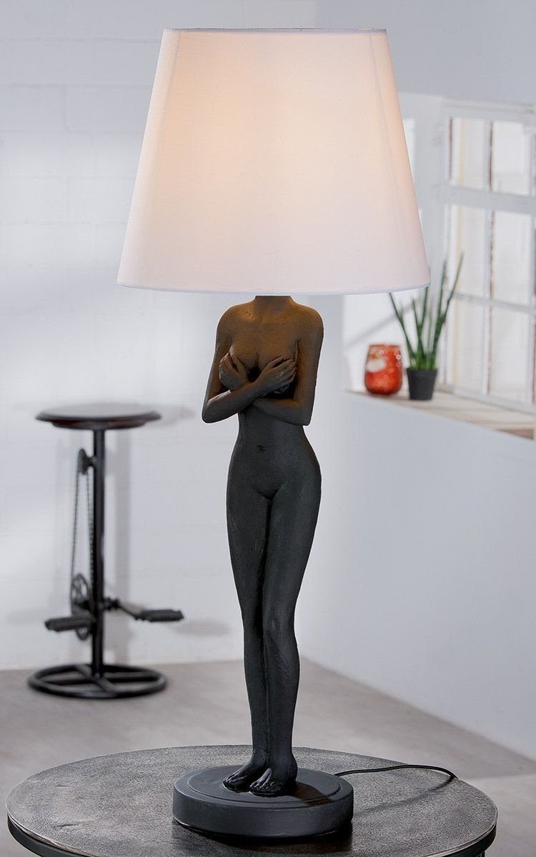 Lampe Lady Black and White matt schwarz Lampenschirm weiß aus Kunstharz Handgefertigt Höhe 78cm Frauen Körper Moderne Kunst