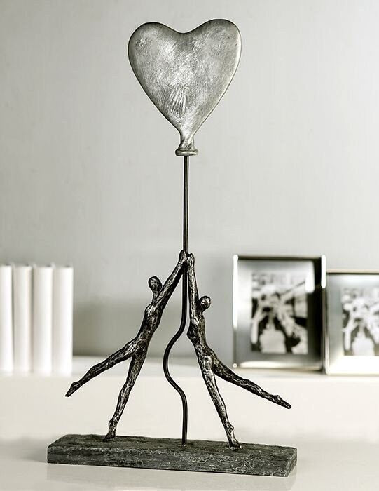 Sculpture 'Heart Balloon' - Couple in love with silver-colored heart balloon, anthracite &amp; silver, antique finish, 26x48 cm, including saying pendant
