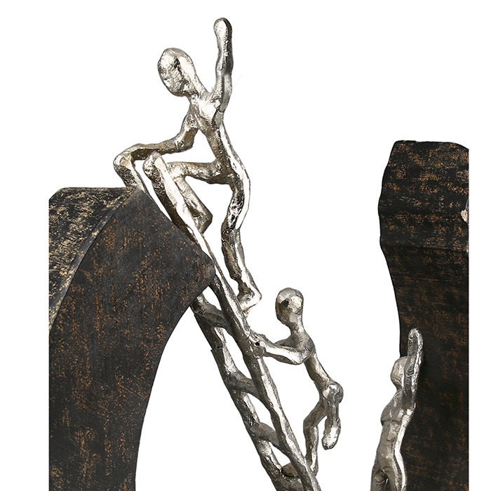 Figur Skulptur " Hinauf zum ZIEL " Freunde Mangoholz, Figuren aus Aluminium Geschenk Dekoration 32cm mit Spruchanhänger
