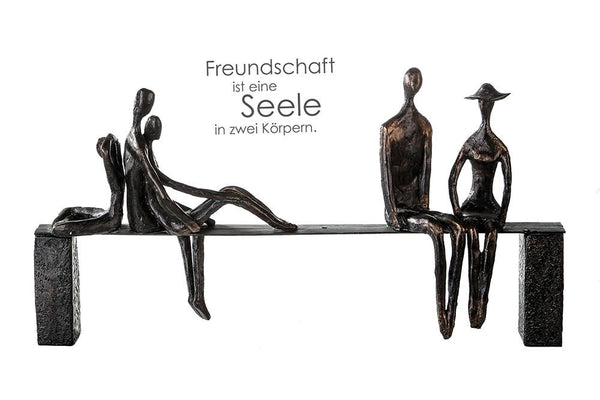 Sculptuur "Leisure" bronskleurige figuren op een bankje met poly/metalen spreuk tag cadeau idee