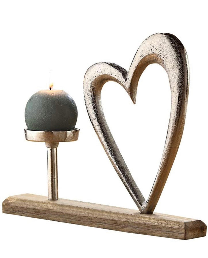Aluminium mangohout theelichthouder hart stand decoratie met kandelaar zilver/naturel breedte 33cm handgemaakt