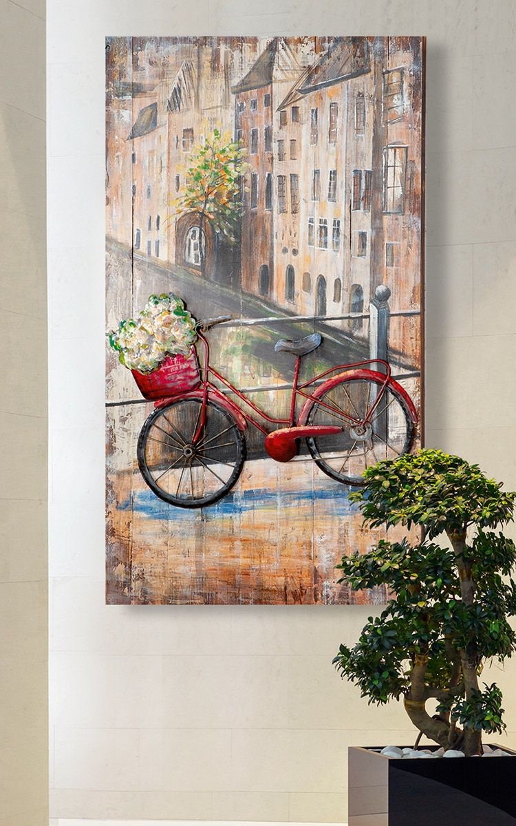 Flower Bicycle - Exclusive 3D metal picture on wood, handmade, wall art, 70x120 cm