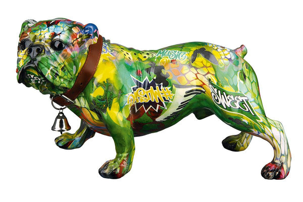 Colorful Poly Pug "Street Art" Sculpture in Green and Yellow, Standing, with Collar and Bell