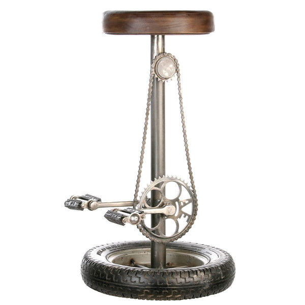 Goatskin bar stool "Wheel" black / brown antique finish on a tire base with pedals and chain Seat covered with kidskin leather