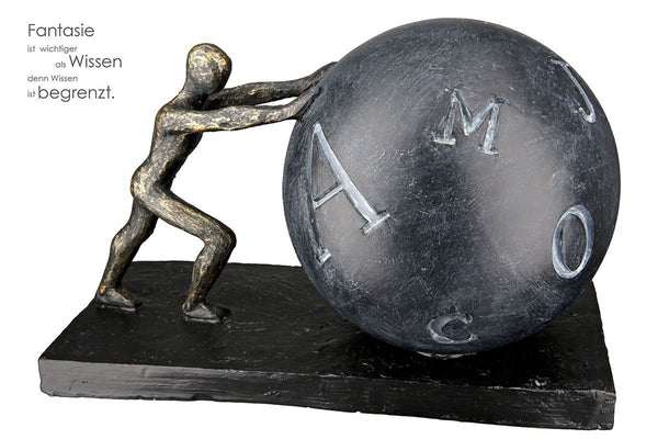Figuur sculptuur "ALPHA" sculptuur Letter Ball figuur antiek bronskleurig/bal antracietkleurig met letters op een zwarte basis