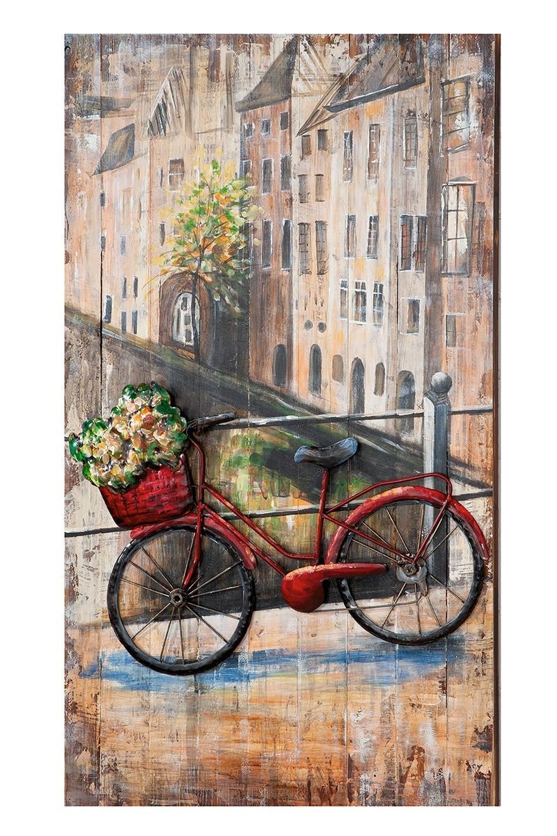 Flower Bicycle - Exclusive 3D metal picture on wood, handmade, wall art, 70x120 cm