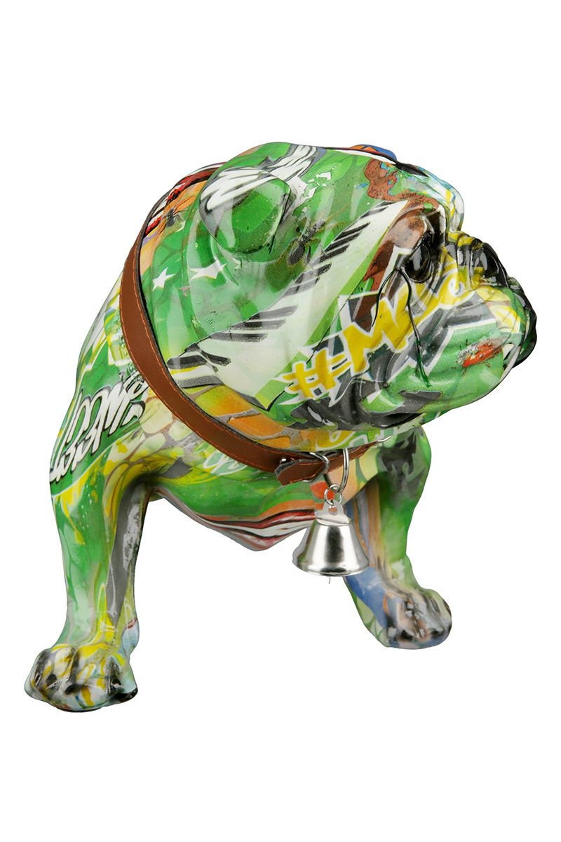Colorful Poly Pug "Street Art" Sculpture in Green and Yellow, Standing, with Collar and Bell